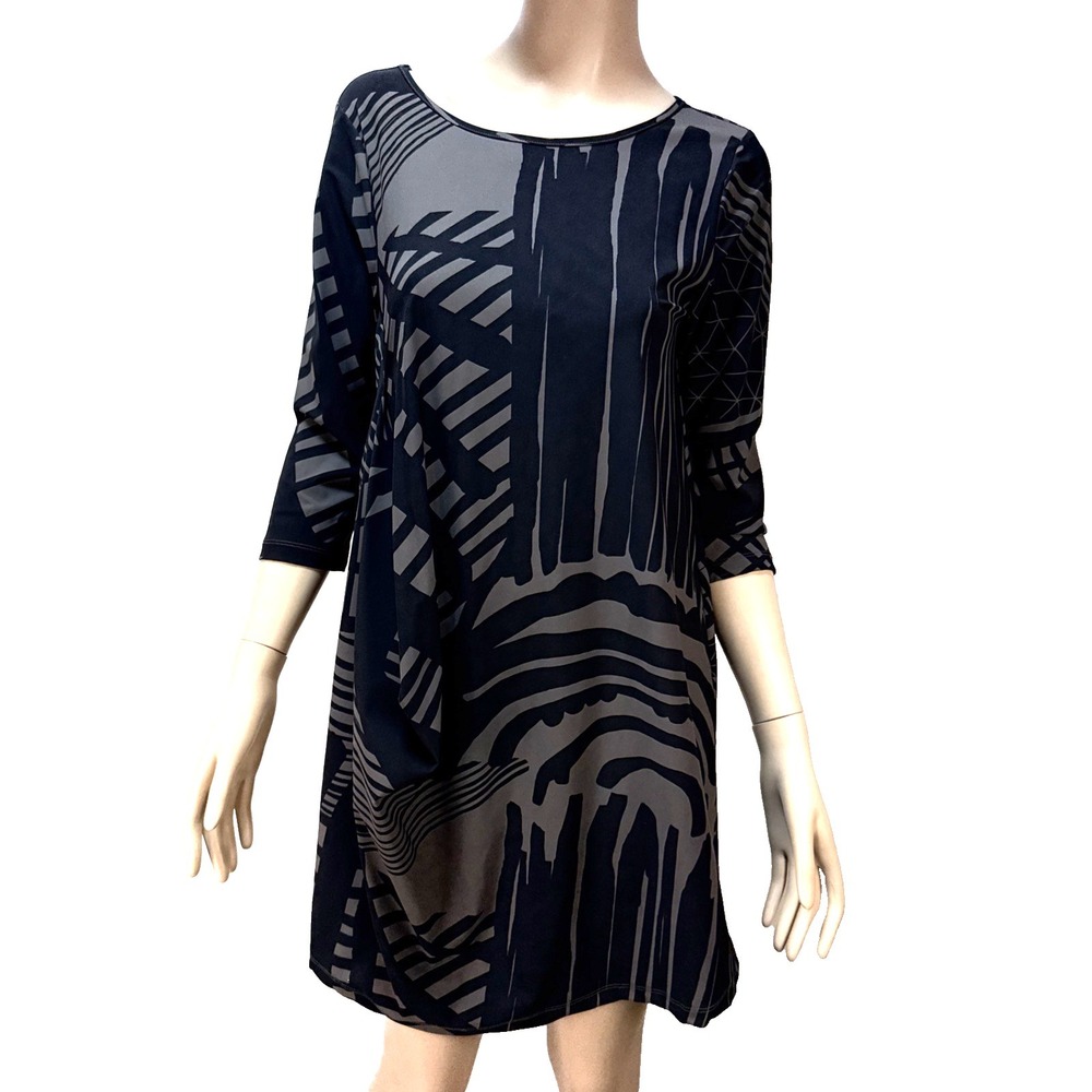 Porto San Francisco 3/4 Sleeve Shift Dress Tunic Size 2 M Black Gray Abstract